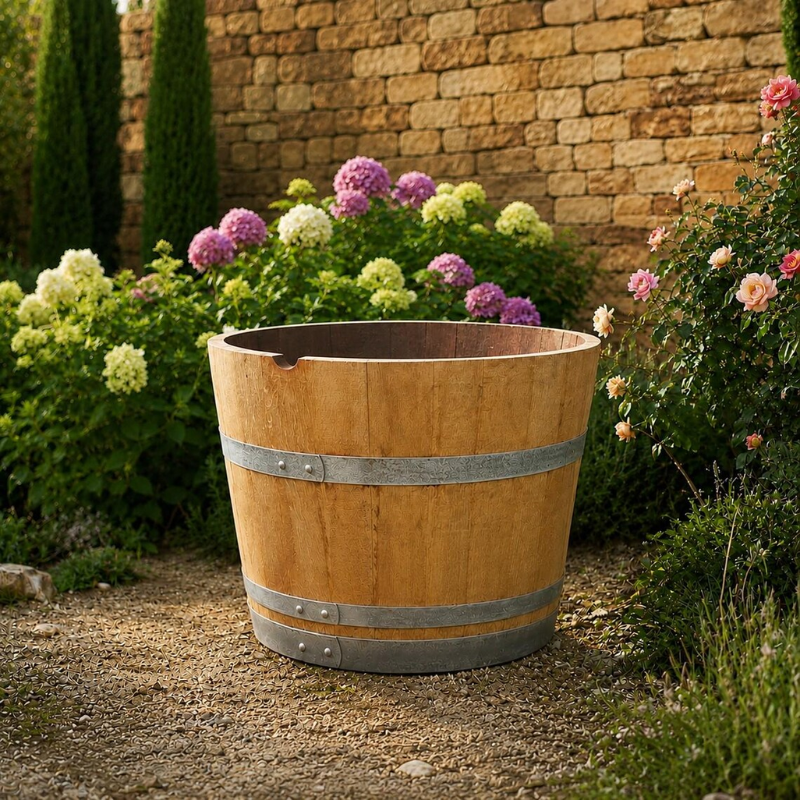 Upcycled Wooden Wine Barrel Planter – 70 cm Diameter | Rustic Garden Planter