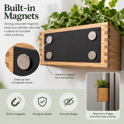 Magnetic Oak Wood Planter – 20 × 11 × 11 cm