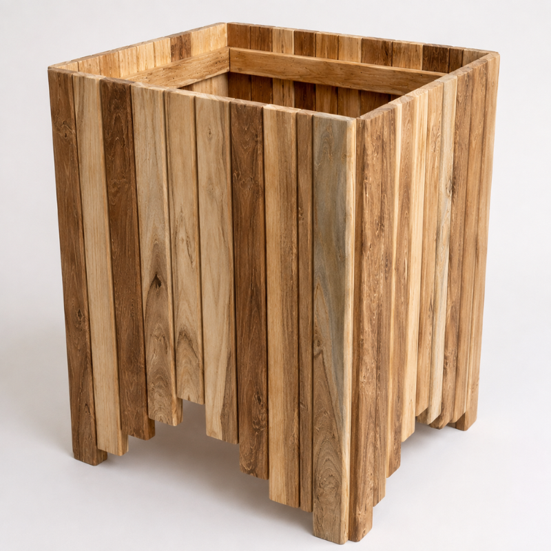 Handmade Teak Wood Planter – 45 × 35 × 35 cm | Vertical Slat Flower Box