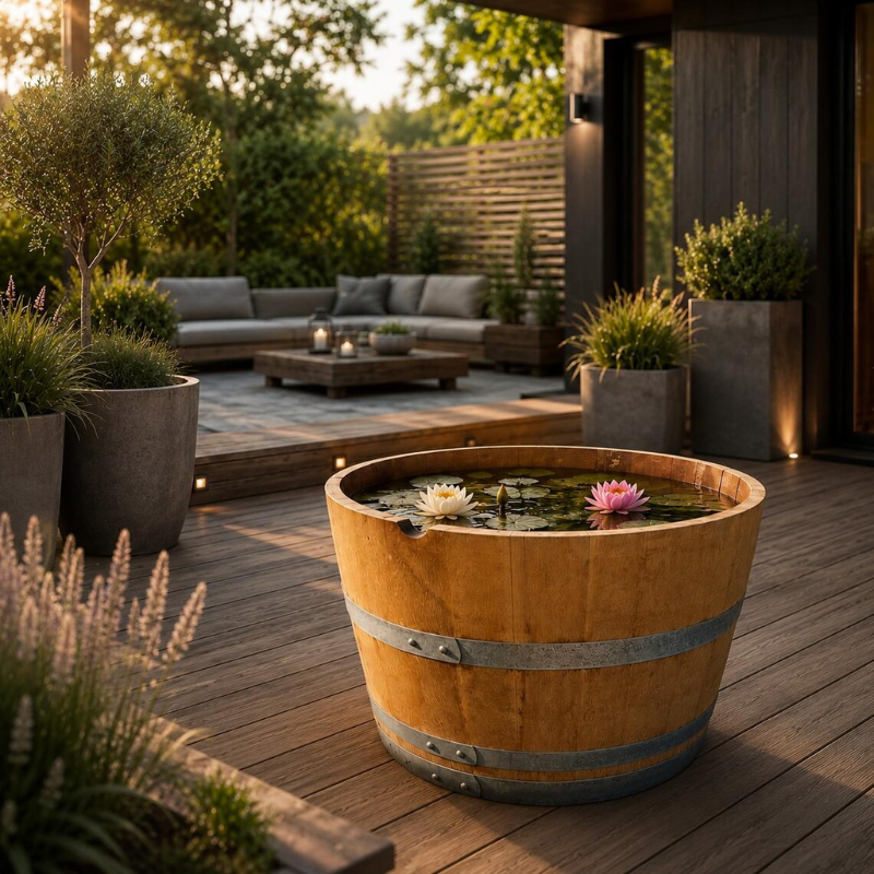Upcycled Wooden Wine Barrel Planter – 70 cm Diameter | Rustic Garden Planter