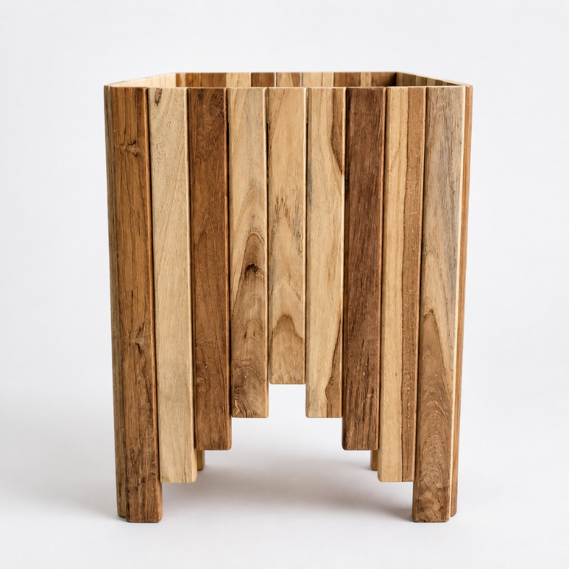 Handmade Teak Wood Planter – 45 × 35 × 35 cm | Vertical Slat Flower Box