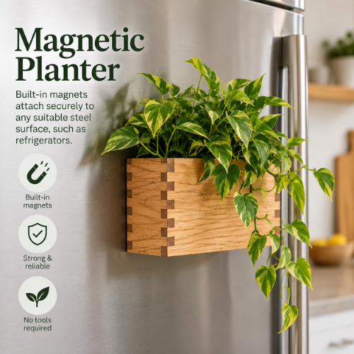 Magnetic Oak Wood Planter – 20 × 11 × 11 cm
