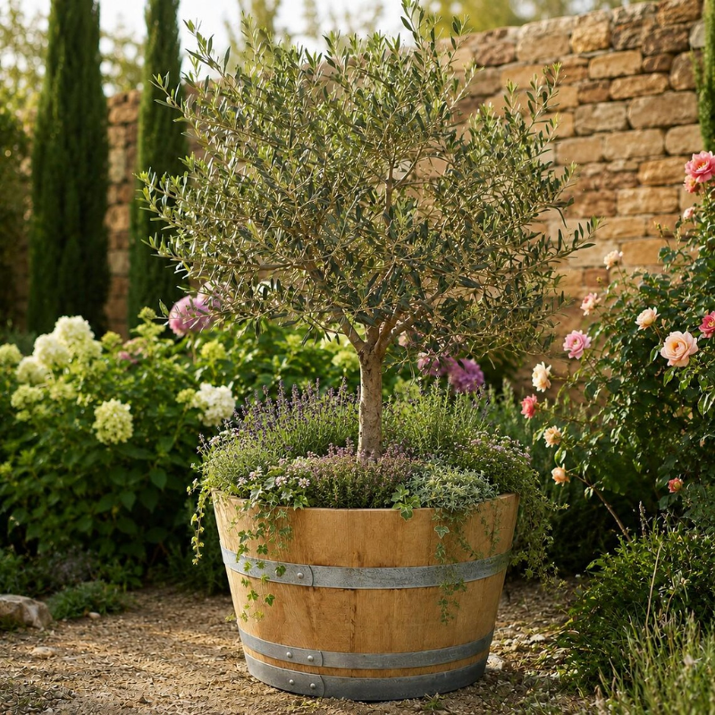 Upcycled Wooden Wine Barrel Planter – 70 cm Diameter | Rustic Garden Planter