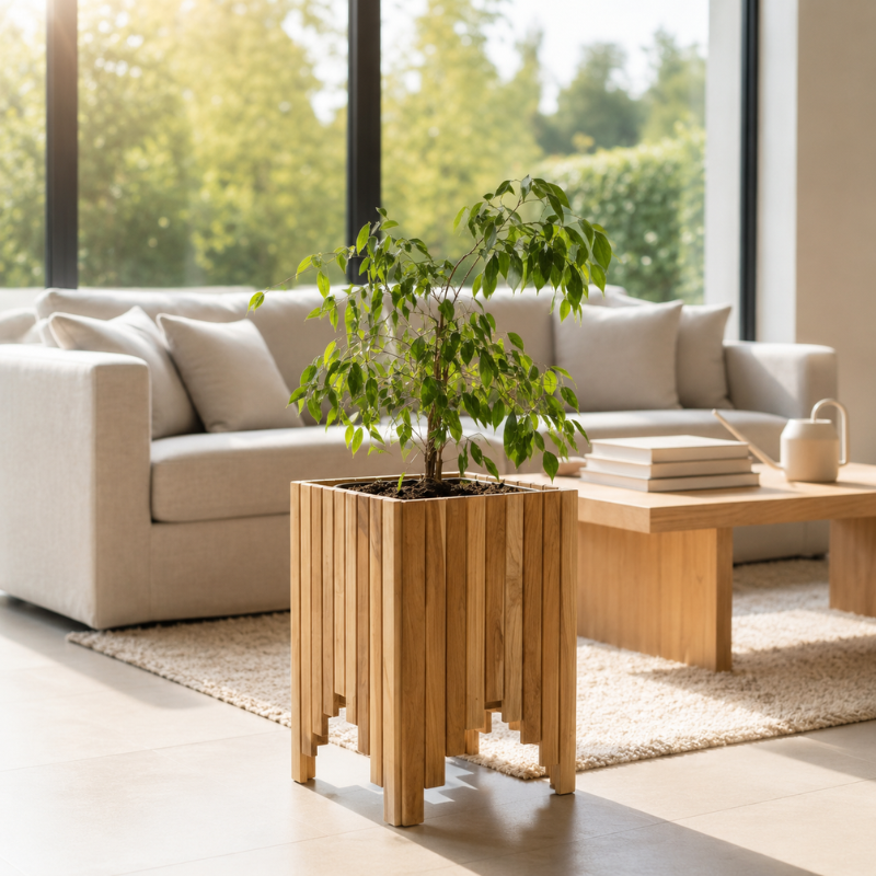 Handmade Teak Wood Planter – 45 × 35 × 35 cm | Vertical Slat Flower Box