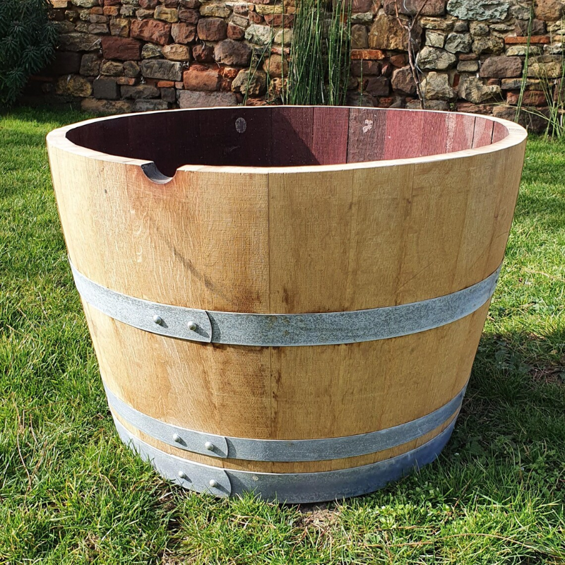 Upcycled Wooden Wine Barrel Planter – 70 cm Diameter | Rustic Garden Planter