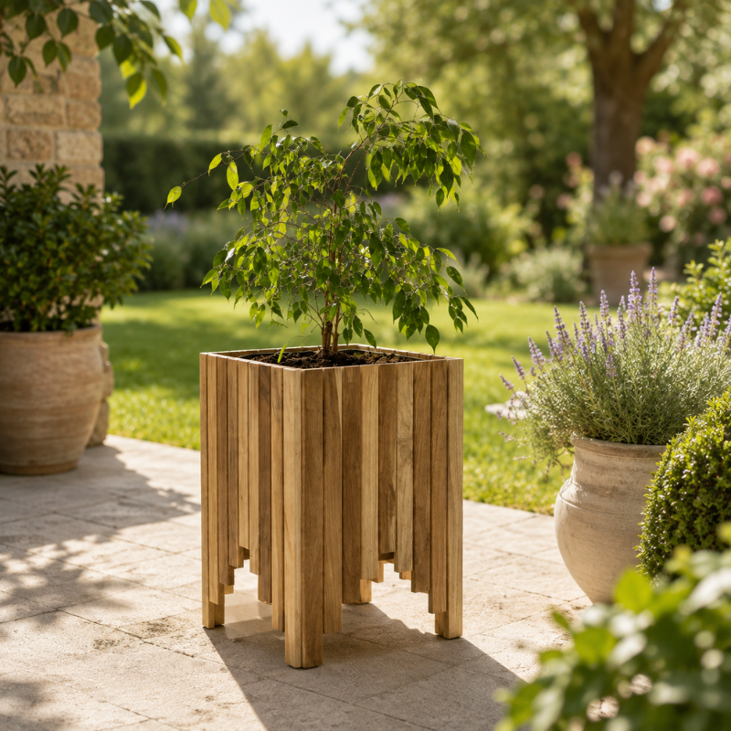 Handmade Teak Wood Planter – 45 × 35 × 35 cm | Vertical Slat Flower Box