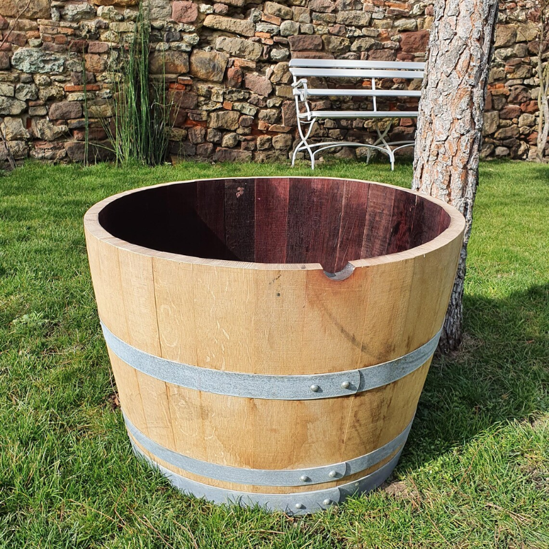 Upcycled Wooden Wine Barrel Planter – 70 cm Diameter | Rustic Garden Planter
